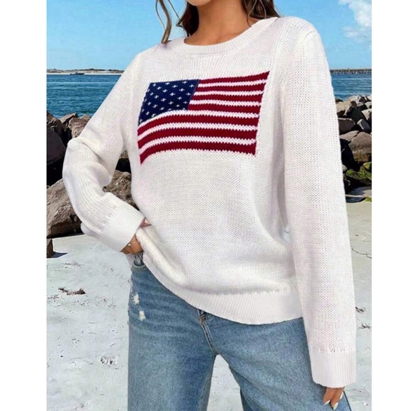 American Flag Knit White Pullover Sweater Crew Neck Long Sleeve - Picture 6 of 7